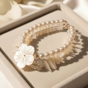 Elegant Double Strand MOP FlowerPendant Faux Pearl Swarovski Crystal Bead Bracel